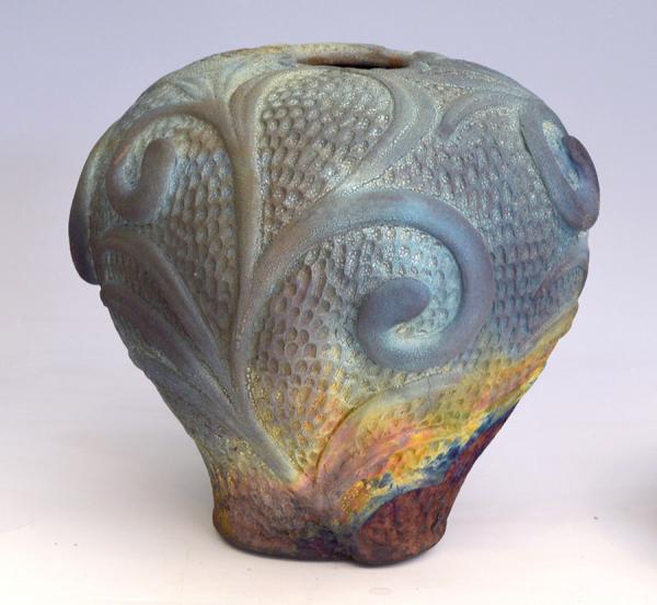 Raku Vase  carved and textured