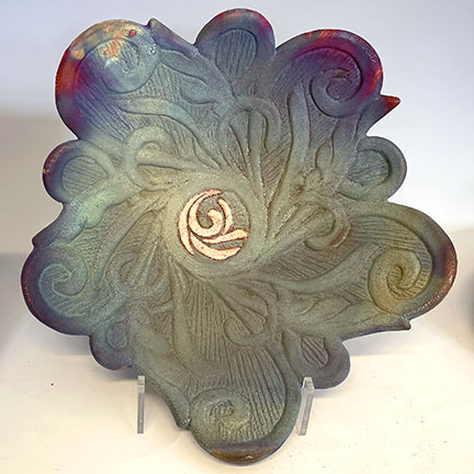 Raku Platter for wall or table with copper foil center picture