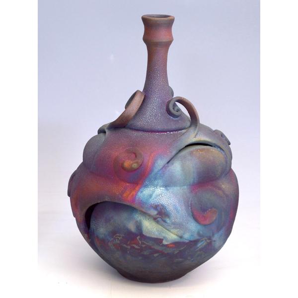 Raku Bottle sliced, swirled and small curled handles attached