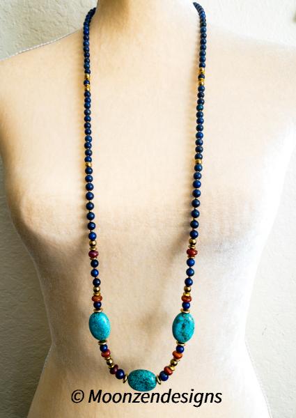 Blue Lapiz Lazuli, Oval Polished Turquoise, Brass Spacers with Large Ornate Toggle Necklace picture