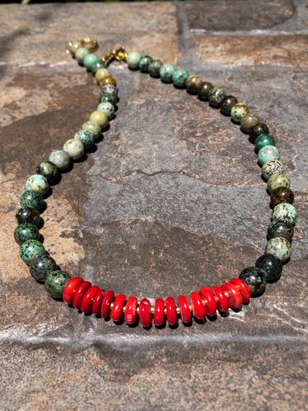 African turquoise necklace, red coral heishi beads