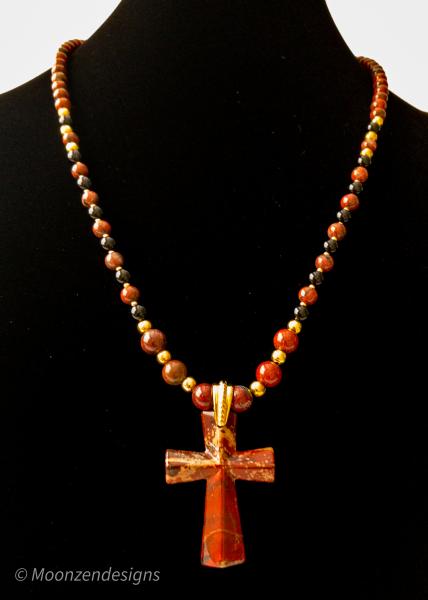 Handcrafted Necklace of Rainbow Jasper Beads with Natural Rainbow Jasper Cross
