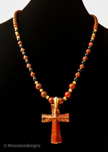 Handcrafted Necklace of Rainbow Jasper Beads with Natural Rainbow Jasper Cross picture