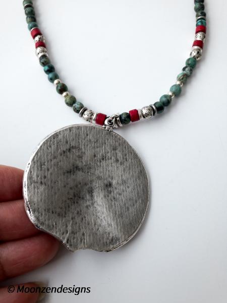 Handcrafted Necklace Antique Silver Plated Pendant, African Turquoise, Red Mykonos Greek Ceramic Beads picture