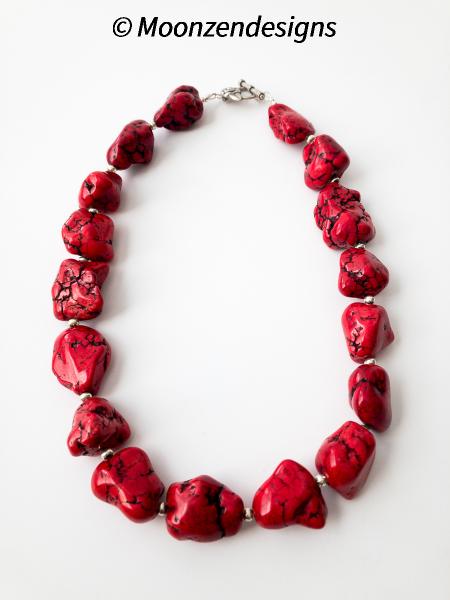 Large Red Magnesite Turquoise Nugget Handcrafted Necklace with Silver Spacers
