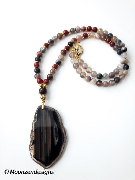Handcrafted Necklace Blk/Brown Agate Slice, Agate Beads picture