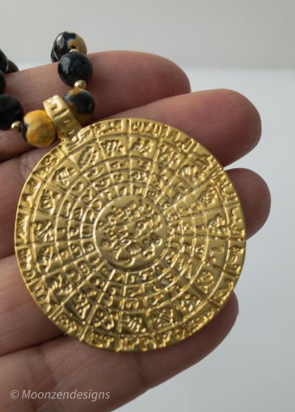 Greek Phaistos Disc Pendant/Yellow,Black Agate Beads Necklace picture