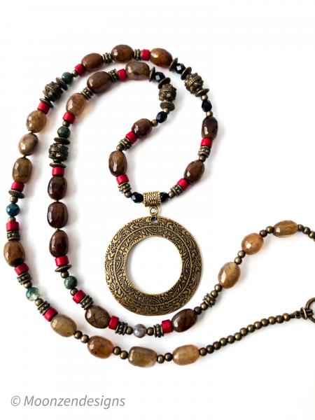Handcrafted Bohemian Necklace, Round Ethnic Bronze Pendant, Agate, Heishi Beads