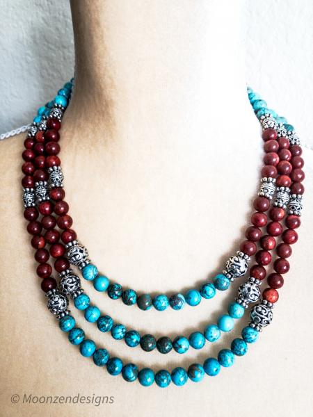 Multi-strand Necklace, Red Coral, Turquoise, Silver picture