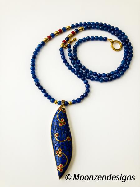 Tibetan Bone Pendant Necklace with Lapis Lazuli, Red Coral and Brass Mosaic with 6mm blue jade beads.