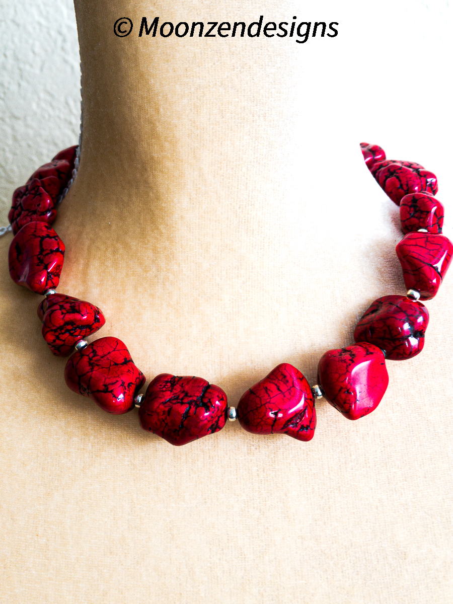Large Red Magnesite Turquoise Nugget Handcrafted Necklace with Silver Spacers picture