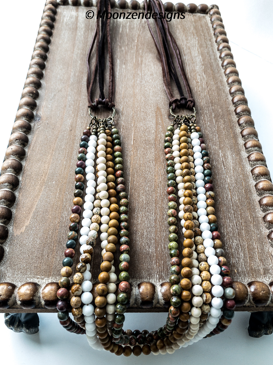 Multi-Strand Necklace, Jasper, Jade, Tiger Eye, Brown Suede picture