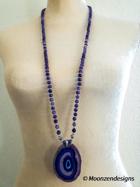 Purple Agate Beaded Necklace with Purple Agate Slice picture