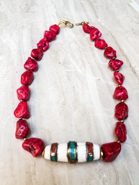 Red magnesite necklace with tribal pendant