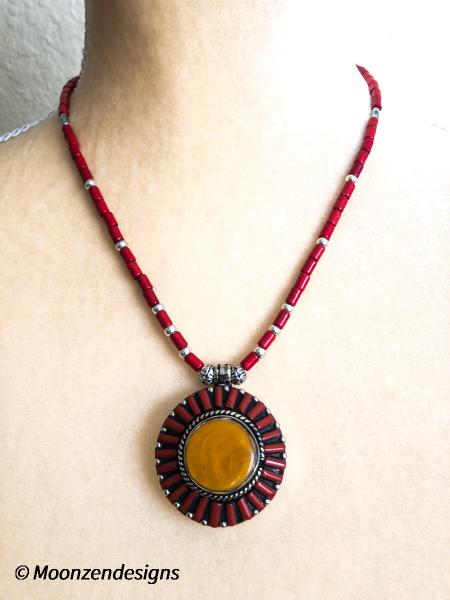 Handcrafted Necklace with Yellow Agate and Coral Tibetan Pendant picture