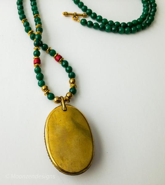 Tibetan Oval Pendant and Green Faceted Jade Beads, Brass Spacers,Red Coral Necklace picture
