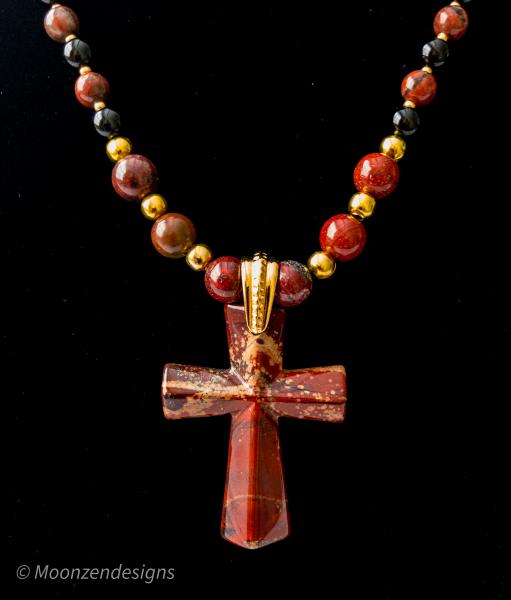 Handcrafted Necklace of Rainbow Jasper Beads with Natural Rainbow Jasper Cross picture