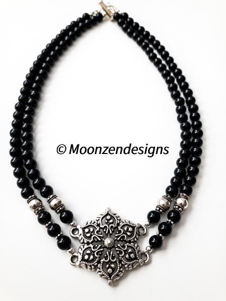 Handcrafted Double Strand Necklace Onyx Beads and Sterling Silver picture