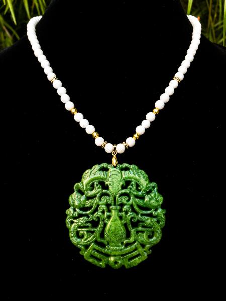 Black onyx necklace, black green jade pendant