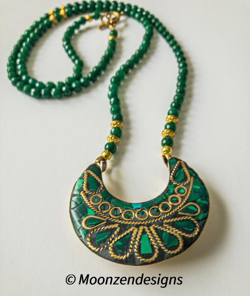 Handmade necklace with Tibetan Pendant and Green Jade Beads picture