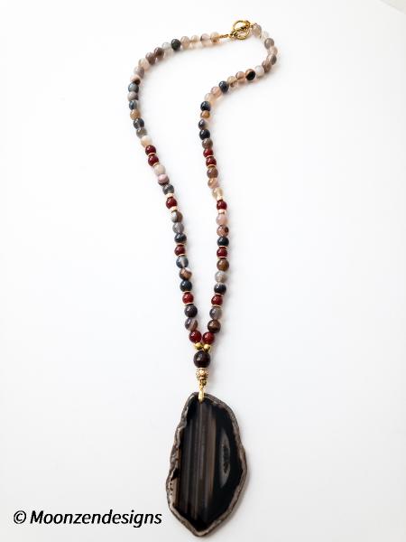 Handcrafted Necklace Blk/Brown Agate Slice, Agate Beads picture