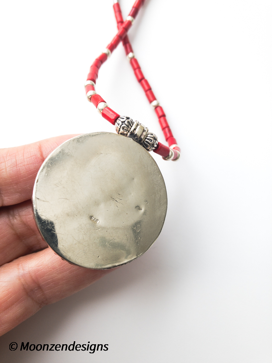 Handcrafted Necklace with Yellow Agate and Coral Tibetan Pendant picture