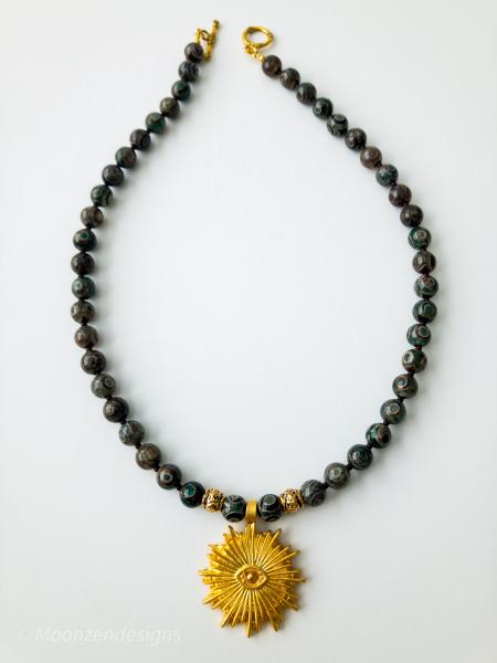 Tibetan Dzi Agate/Matte Gold Evil Eye Sun Ray Pendant Necklace picture