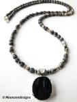 Handcrafted Necklace Grey Jasper Beads Black Tourmaline Pendant