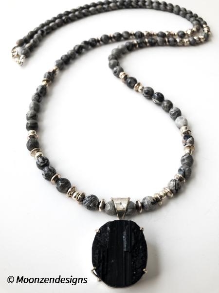 Handcrafted Necklace Grey Jasper Beads Black Tourmaline Pendant