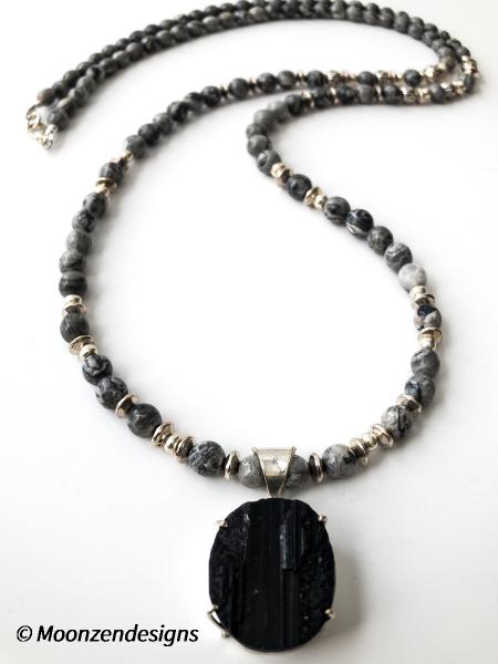 Handcrafted Necklace Grey Jasper Beads Black Tourmaline Pendant picture