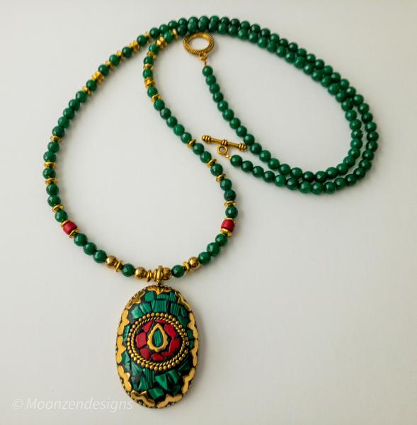 Tibetan Oval Pendant and Green Faceted Jade Beads, Brass Spacers,Red Coral Necklace picture