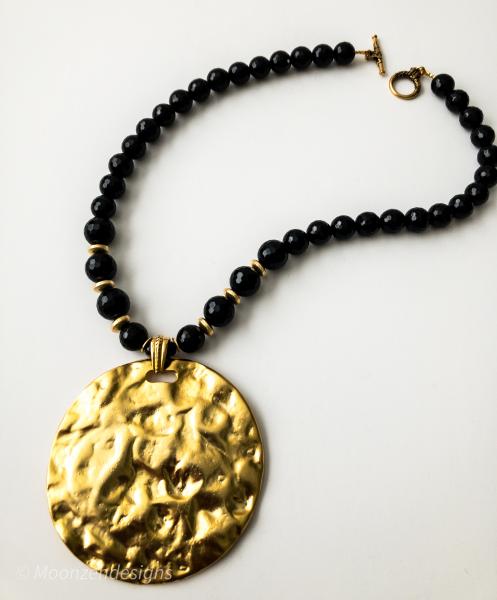Black Onyx Necklace with 22K Gold Plated Hammered Pendant picture