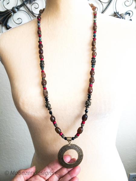 Handcrafted Bohemian Necklace, Round Ethnic Bronze Pendant, Agate, Heishi Beads picture
