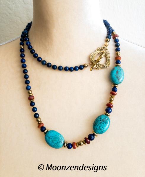 Blue Lapiz Lazuli, Oval Polished Turquoise, Brass Spacers with Large Ornate Toggle Necklace picture