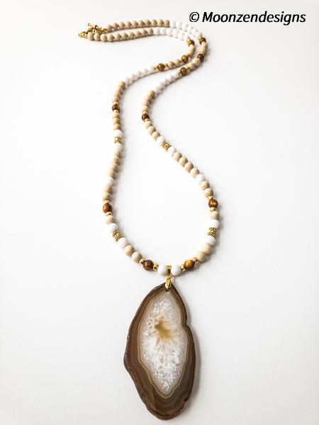 Natural tone agate slice, fossil beads, white jade necklace picture