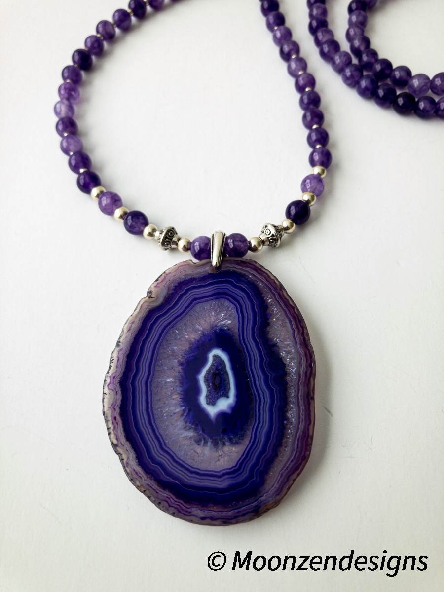 Purple Agate Beaded Necklace with Purple Agate Slice picture