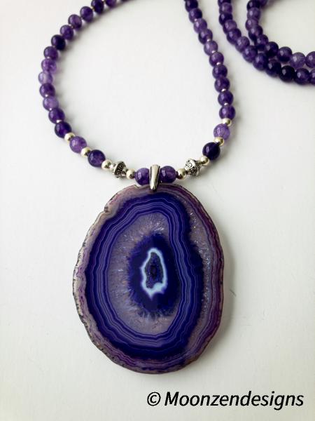 Purple Agate Beaded Necklace with Purple Agate Slice picture