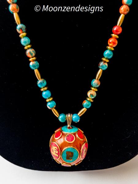 LargeTibetan Om mantra honey copal resin pendant with ocean jade gemstone orange blue beaded necklace picture