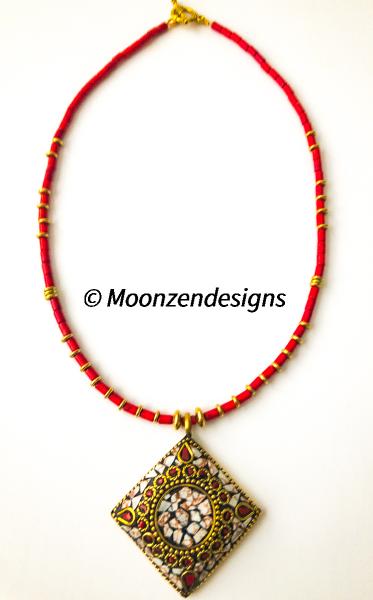 Handcrafted with Red Coral, Brass, Tibetan Pendant/Red Howlite Tube Beads picture