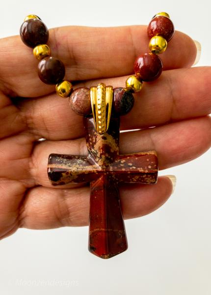 Handcrafted Necklace of Rainbow Jasper Beads with Natural Rainbow Jasper Cross picture