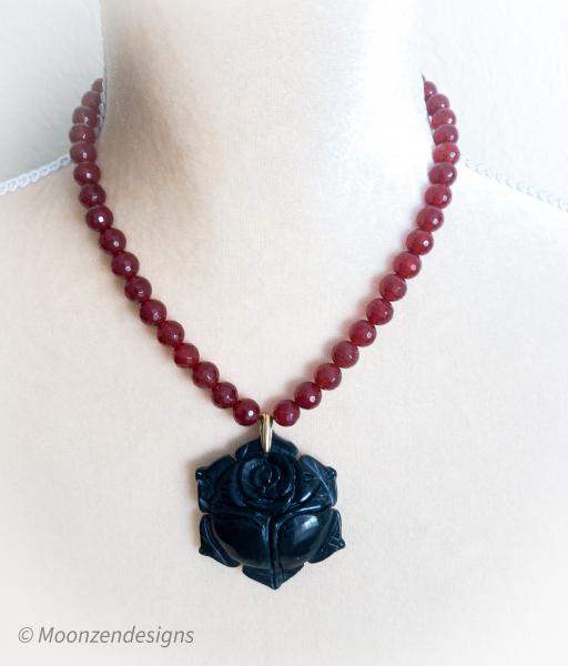 Black jade rose pendant, dark red carnelian beaded necklace