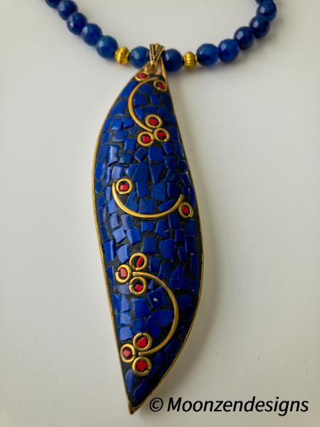 Tibetan Bone Pendant Necklace with Lapis Lazuli, Red Coral and Brass Mosaic with 6mm blue jade beads. picture