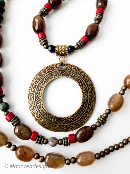 Handcrafted Bohemian Necklace, Round Ethnic Bronze Pendant, Agate, Heishi Beads picture