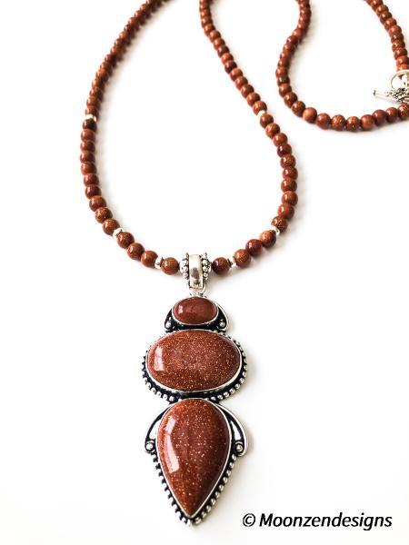 Red Goldstone Pendant, Sterling Silver, Red Goldstone Beads