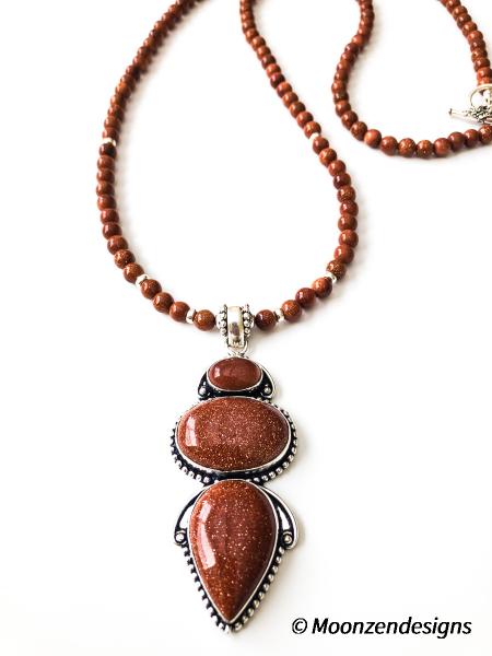 Red Goldstone Pendant, Sterling Silver, Red Goldstone Beads picture