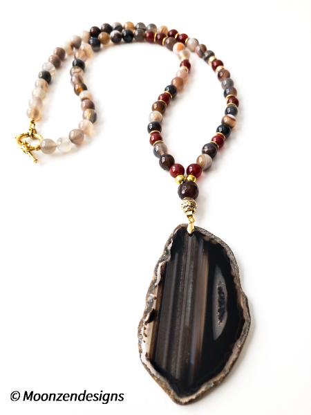 Handcrafted Necklace Blk/Brown Agate Slice, Agate Beads picture