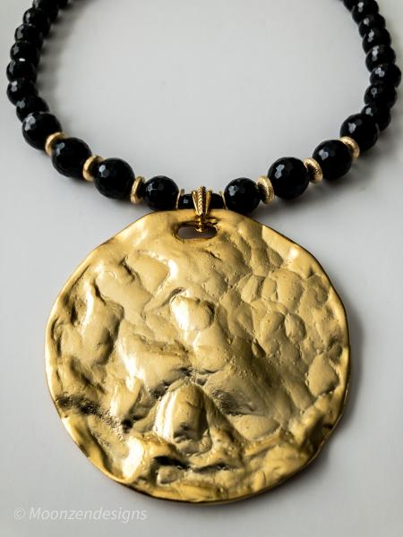 Black Onyx Necklace with 22K Gold Plated Hammered Pendant picture