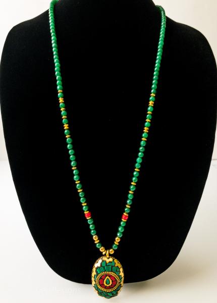 Tibetan Oval Pendant and Green Faceted Jade Beads, Brass Spacers,Red Coral Necklace picture