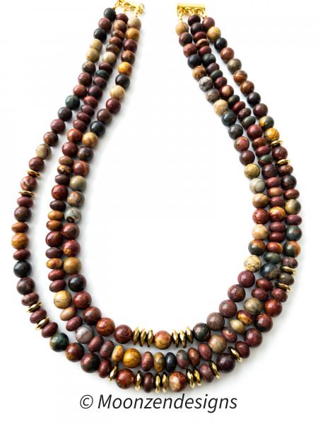 Triple Strand Beaded Necklace Picasso Jasper Beads picture