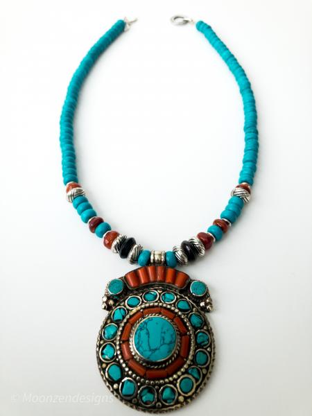 Coral Turquoise Tibetan Silver Pendant/Turquoise Rondelle Beads Antique Silver Spacers Necklace picture